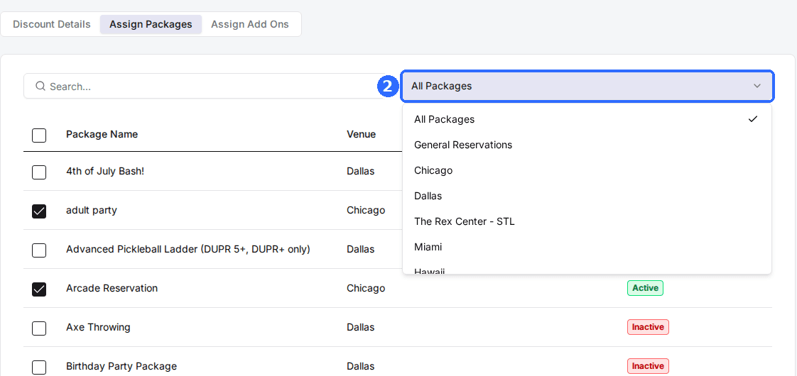 The Assign Packages tab with the filter dropdown open showing All Packages, General Reservations and each venue name