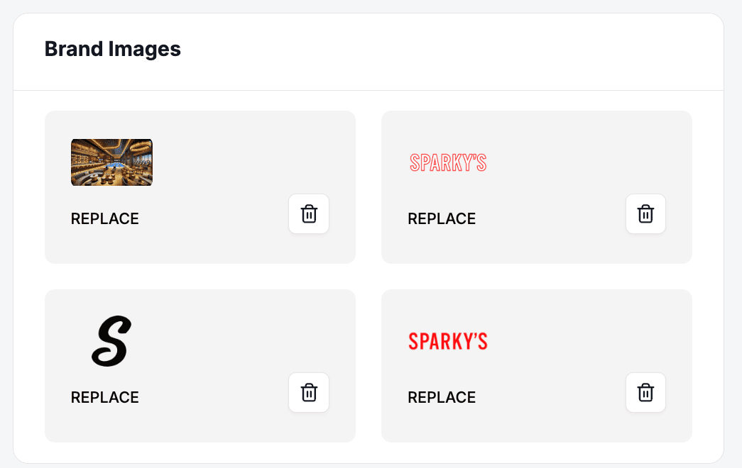 The Brand Images card in Global Settings, with upload tiles for the Homepage Banner, Logo Dark, Favicon, and Logo Light