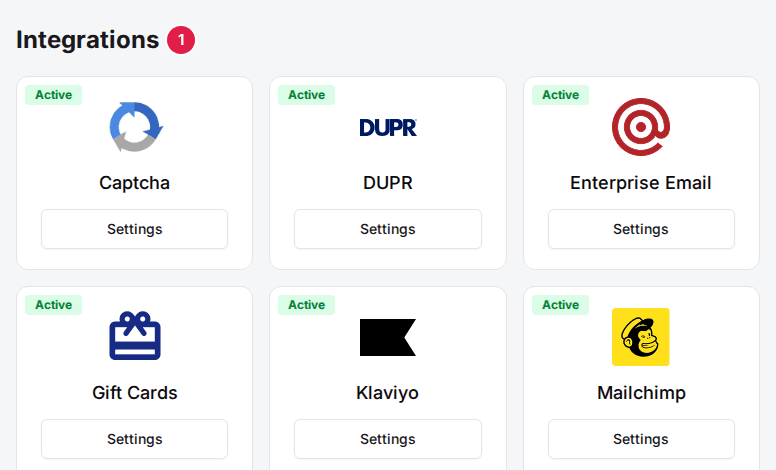 The Integrations section at the bottom of the venue's General tab (1)