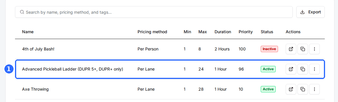 The Packages tab list with the Advanced Pickleball Ladder package row highlighted.