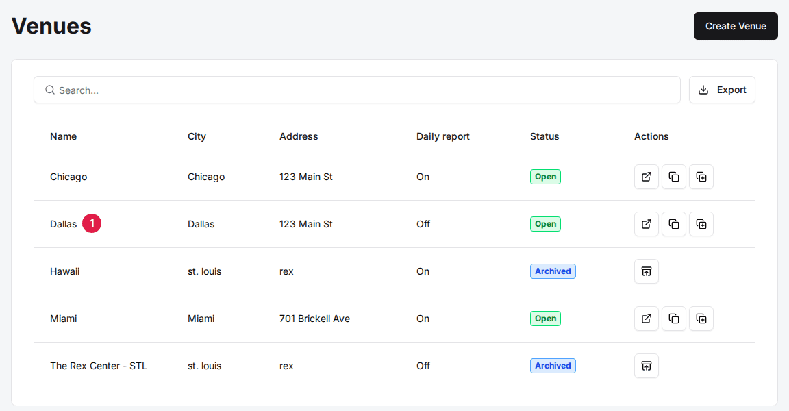 The Venues list with the Dallas venue (1)