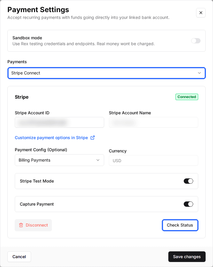 The venue's Payment Settings window with the Payments processor dropdown and the Check Status button highlighted