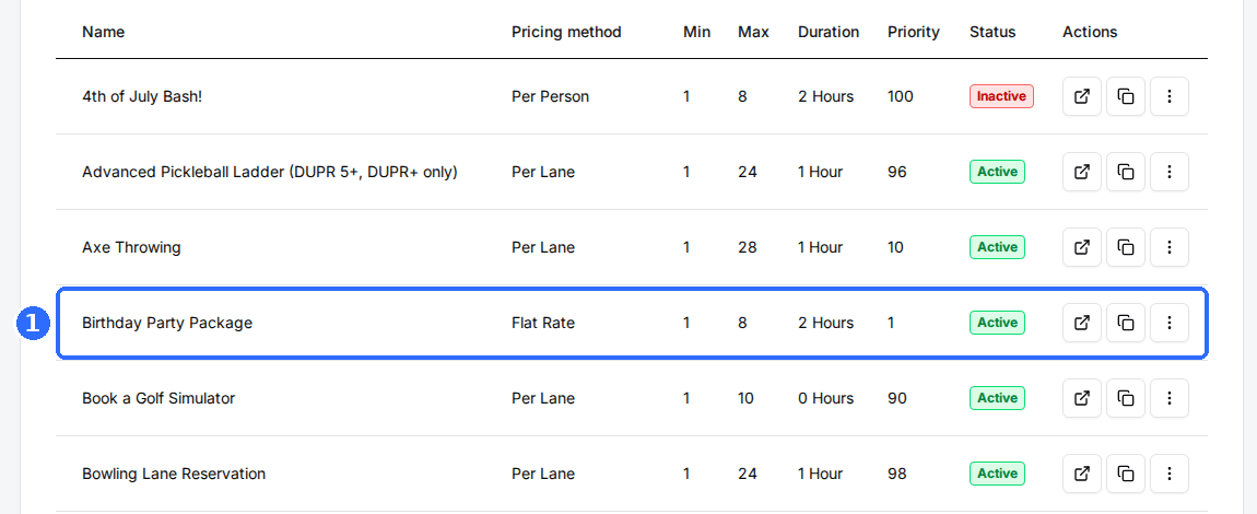 The Packages tab list with the Birthday Party Package row highlighted.