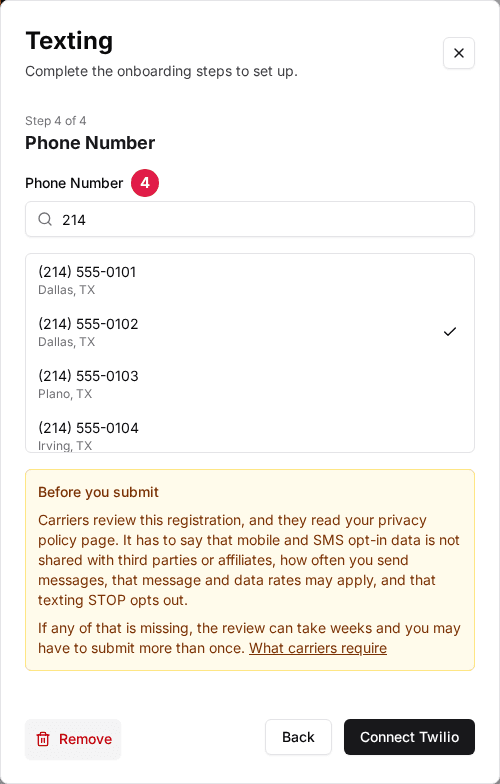 The Texting setup wizard on Step 4 of 4, Phone Number (4), with an area code searched, a list of available numbers with one selected, and the Connect Twilio button