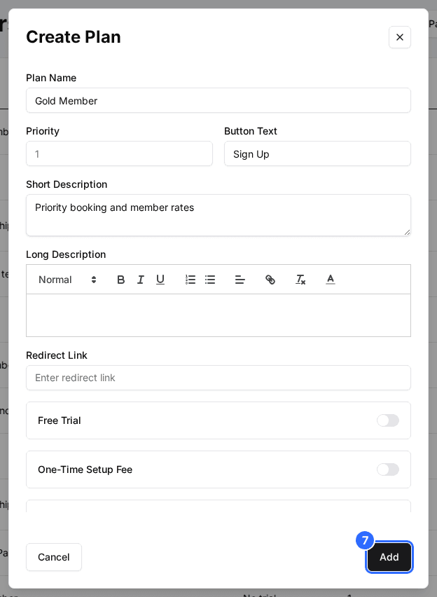 The Create Plan window filled in with the Add button marked at the bottom right
