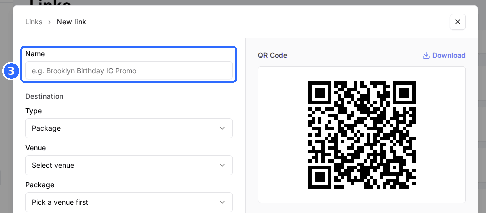 The top of the New link window with the empty Name field highlighted