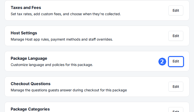 The package page cards with the Edit button highlighted on the Package Language card.