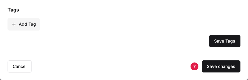 The bottom of the venue's Mailchimp Settings window with the Save changes button (7) beside Cancel