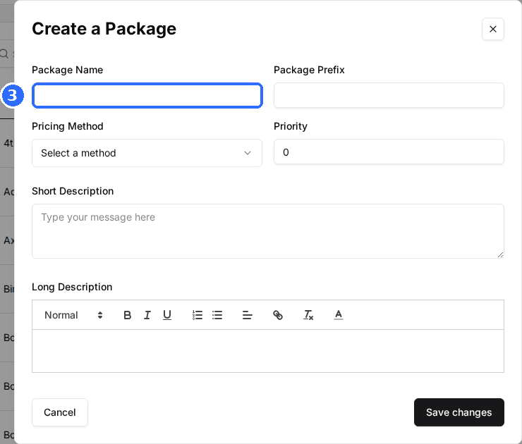 The Create a Package window with Package Name, Package Prefix, Pricing Method, Priority, Short Description and Long Description fields, and Save changes.