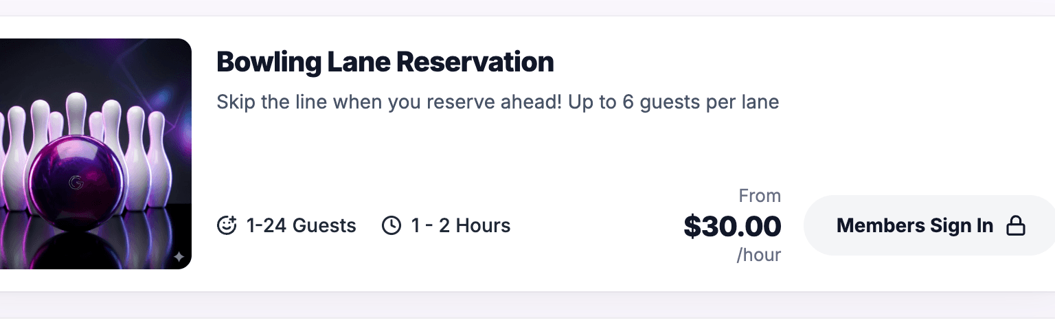 A members-only package card on the reservation page showing a grey Members Sign In button with a lock icon in place of the usual booking control