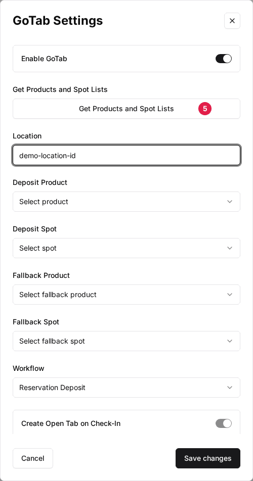 The GoTab Settings window with the Get Products and Spot Lists button (5) available above the Location field