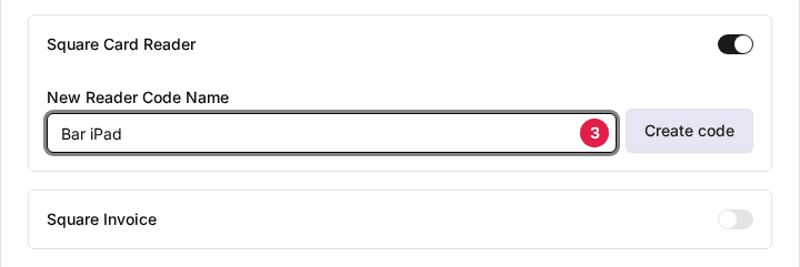 The New Reader Code Name field (3) filled in with Bar iPad, next to the Create code button
