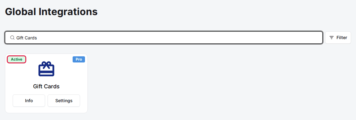 Global Integrations page with the Gift Cards card's Active badge highlighted