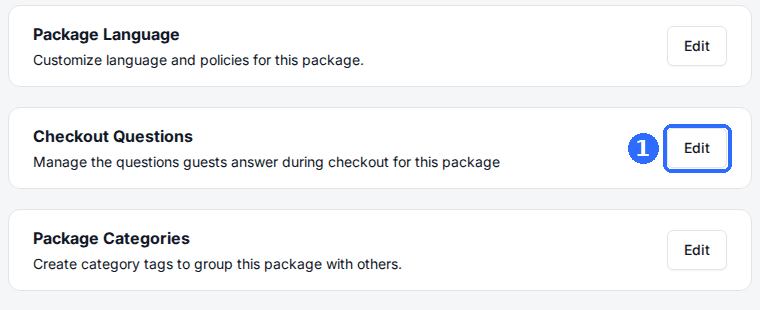 The Package Language, Checkout Questions and Package Categories cards on a package page, each with an Edit button