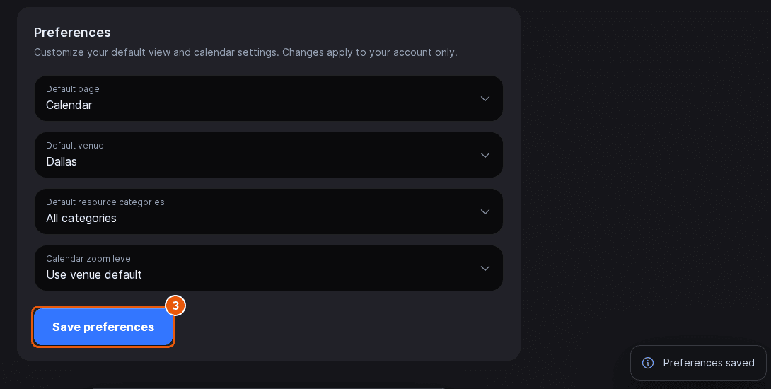 The Preferences card on the Host App Settings page after tapping the marked Save preferences button, with the Preferences saved message at the bottom right