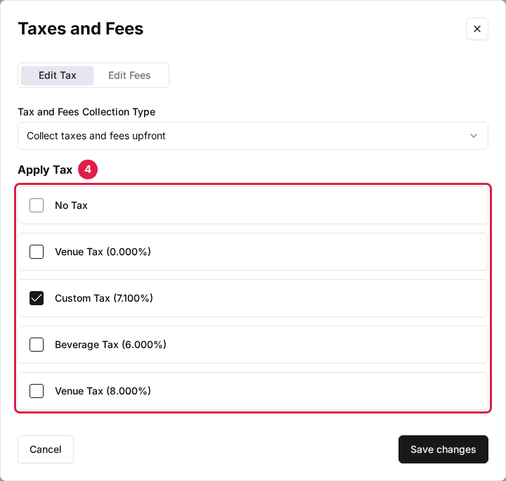 A package's Taxes and Fees dialog on the Edit Tax tab with the Apply Tax checklist outlined: No Tax, Venue Tax and the venue's additional taxes.