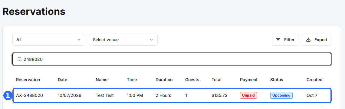 The Reservations page searched for one reservation number, showing a single row with its date, name, time, payment and status