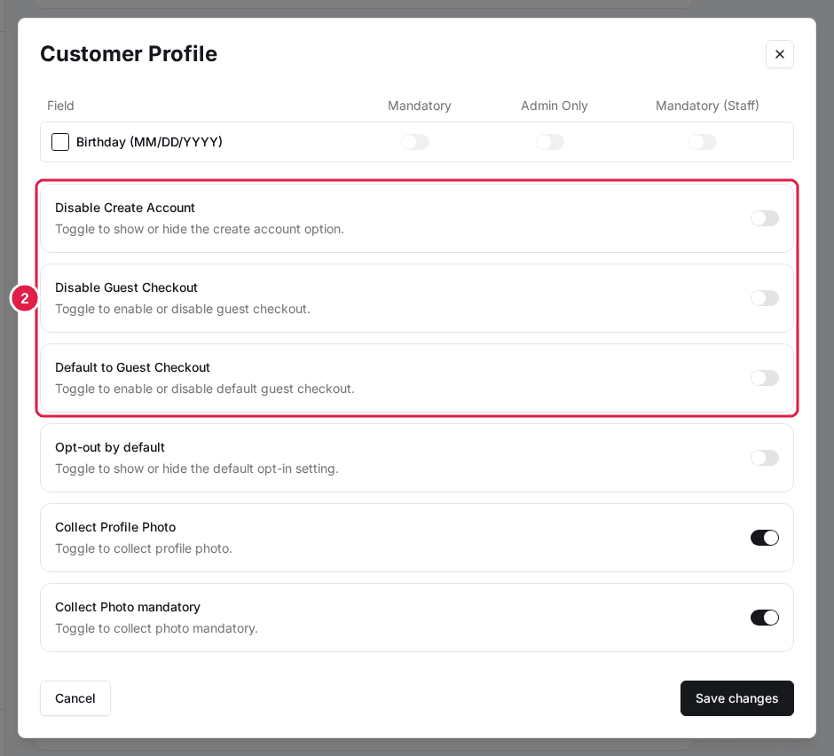 The Customer Profile dialog with the Disable Create Account, Disable Guest Checkout and Default to Guest Checkout switches highlighted below the profile fields