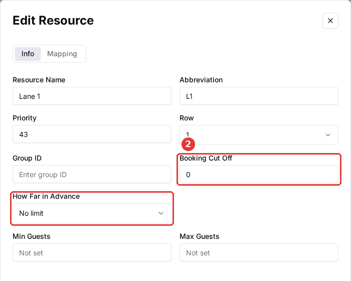 Edit Resource form, Info tab, with the Booking Cut Off and How Far in Advance fields highlighted