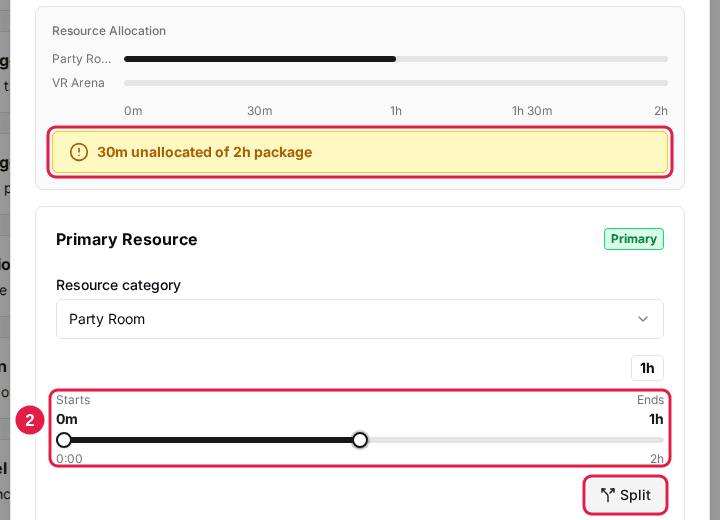 Resource Allocation bar with an unallocated-time warning, and the Starts/Ends slider and Split button on a resource