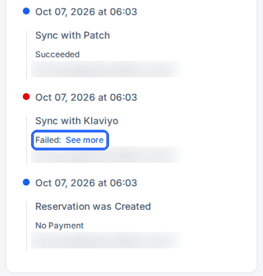 The Timeline card on Reservation Details with a red Sync with Klaviyo entry reading Failed: See more
