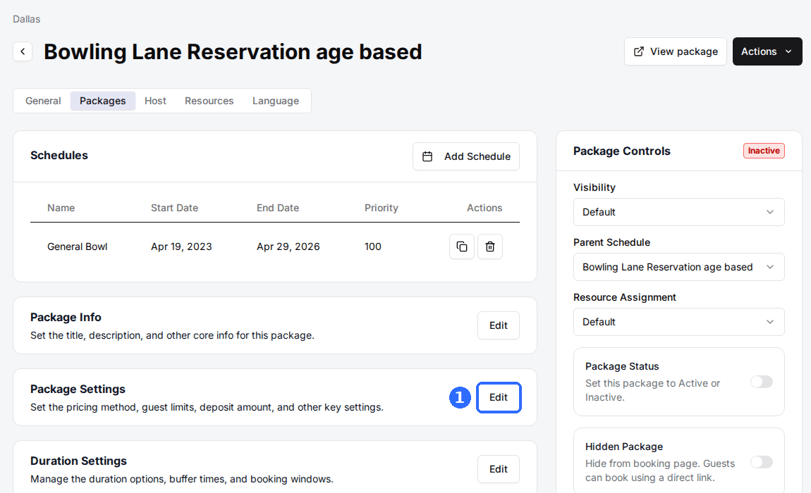 The Bowling Lane Reservation age based package page with the Edit button highlighted on the Package Settings card.