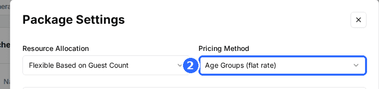 The Package Settings window with Pricing Method set to Age Groups (flat rate).