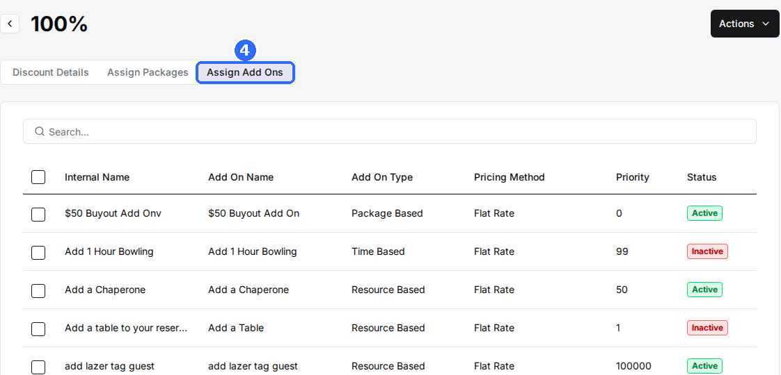 A discount's Assign Add Ons tab listing add-ons with Internal Name, Add On Name, Add On Type, Pricing Method, Priority and Status