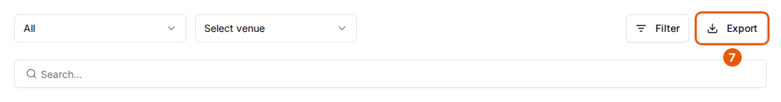 The top of the Reservations page with the Export button highlighted next to Filter, above the search box