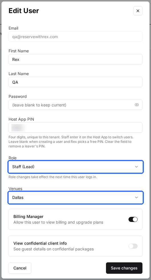 The Edit User window with the Role dropdown and the Venues field highlighted