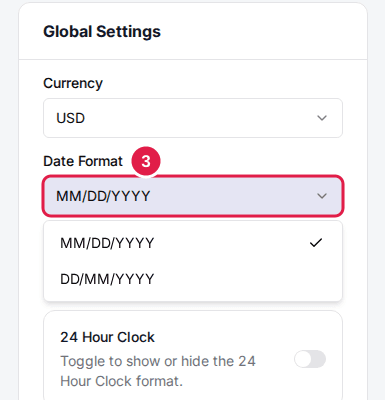 The Global Settings card with the Date Format dropdown outlined and open, offering MM/DD/YYYY (selected) and DD/MM/YYYY.