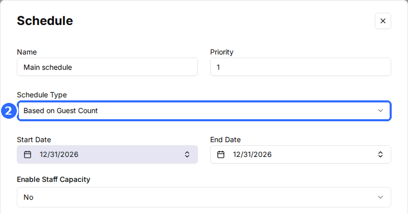 The top of the Schedule window with Name, Priority, Schedule Type, Start Date, End Date and Enable Staff Capacity.