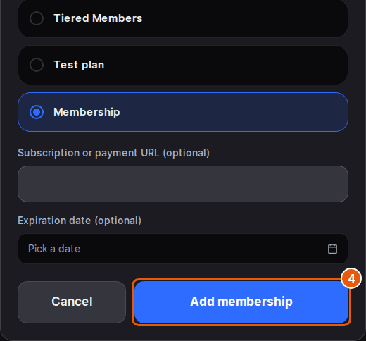 The bottom of the Add membership window with a plan selected and the Add membership button marked
