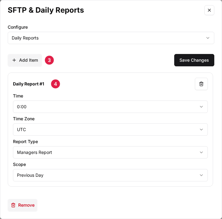 SFTP & Daily Reports window with Configure set to Daily Reports: the Add Item button (3) and a Daily Report with Time, Time Zone, Report Type and Scope (4)