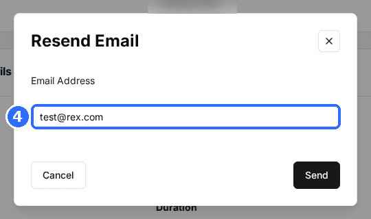 The Resend Email dialog with the guest's address in the Email Address field and the Cancel and Send buttons