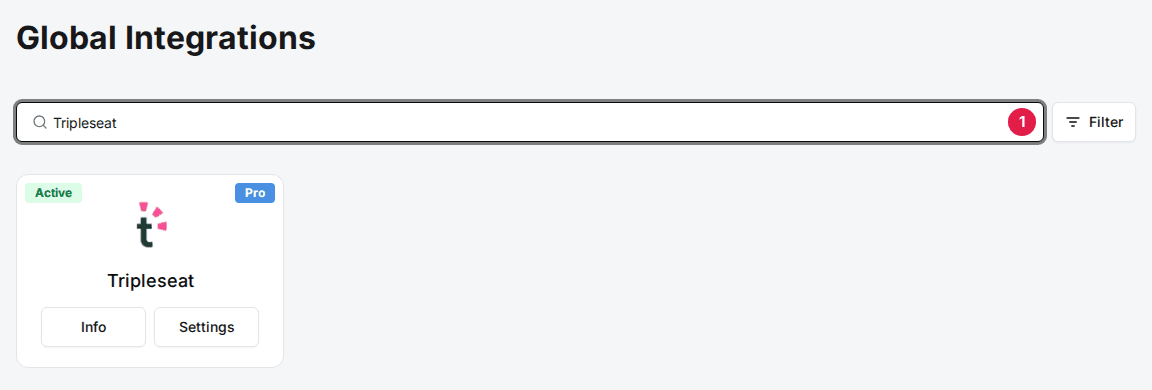 Global Integrations page with Tripleseat typed in the search box (1) and the Tripleseat card below