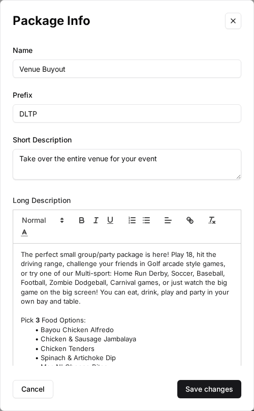 The Package Info window for Venue Buyout with Name, Prefix, Short Description and Long Description filled in.