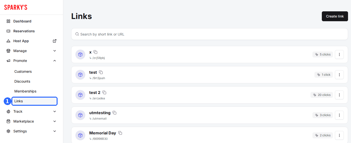 The Links page opened from Promote > Links in the sidebar, listing each link's name, short link and click count