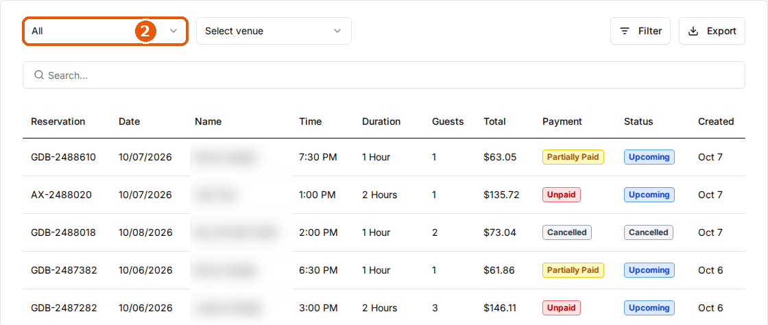 The top of the admin Reservations page with the period dropdown highlighted, next to the venue dropdown, Filter and Export buttons, the search box and the reservation list