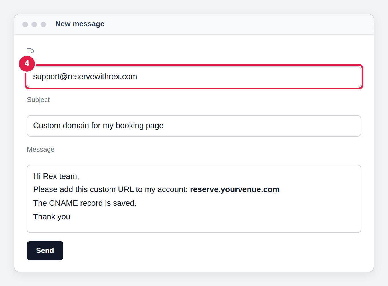 Illustration: an email to support@reservewithrex.com asking Rex to add reserve.yourvenue.com to the account