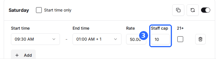 A time slot row with the Staff cap column highlighted, set to 10.