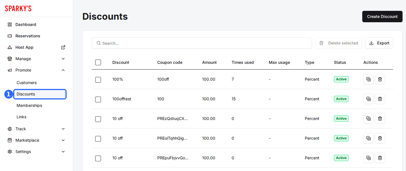 The Discounts page opened from Promote > Discounts in the sidebar, listing each discount with Coupon code, Amount, Times used, Max usage, Type and Status