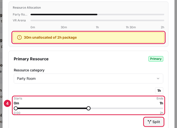Resource Allocation bar with an unallocated-time warning, and the Starts/Ends slider and Split button on the Primary Resource
