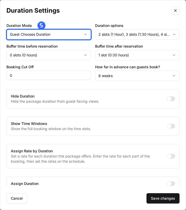 The Duration Settings window with Duration Mode, Duration options, buffer times before and after the reservation, Booking Cut Off and How far in advance can guests book?