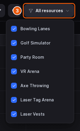 All resources filter open in the top-right corner, listing each resource type with a checkbox