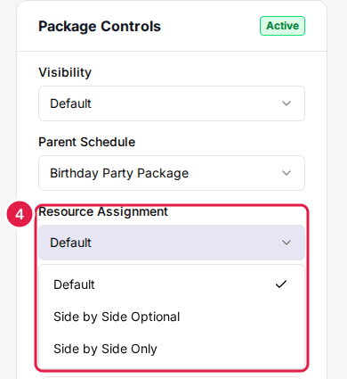 Package Controls card with the Resource Assignment dropdown open: Default, Side by Side Optional, Side by Side Only