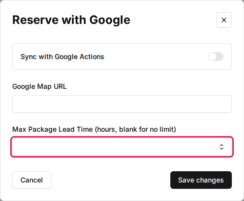 The venue's Reserve with Google window with the Max Package Lead Time field highlighted