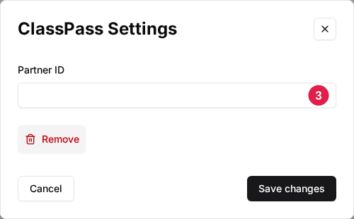 ClassPass Settings window with the Partner ID field (3)