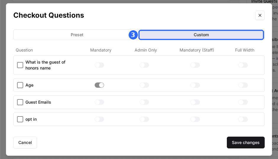 The Custom tab of a package's Checkout Questions window listing the venue's custom questions, each with a checkbox and Mandatory, Admin Only, Mandatory (Staff) and Full Width toggles