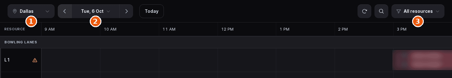 Host App calendar top bar with the location picker, the date control and the All resources filter numbered 1 to 3